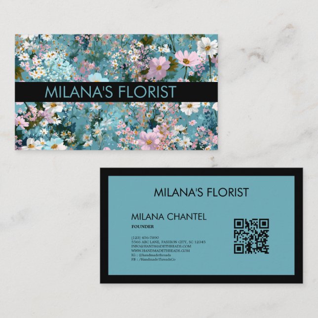 Carte De Visite Fleuriste Fleur Moderne Tendance Bleu Rose Blanc  (Devant / Derrière)