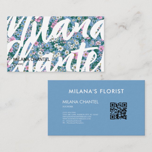 Carte De Visite Fleuriste Fleur Moderne Tendance Bleu Rose Blanc (Devant / Derrière)