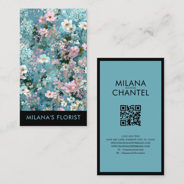 Carte De Visite Fleuriste Fleur Moderne Tendance Bleu Rose Blanc (Devant / Derrière)
