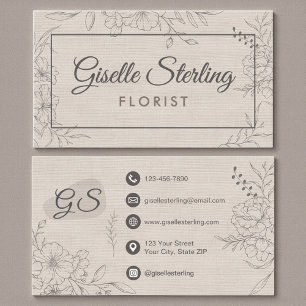 Carte De Visite Fleuriste Floral Beige Lin Floral Line Art