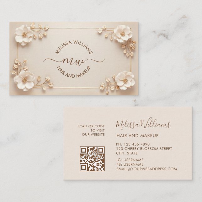 Carte De Visite Fleurs 3D Beige Blanc Initiales (Devant / Derrière)