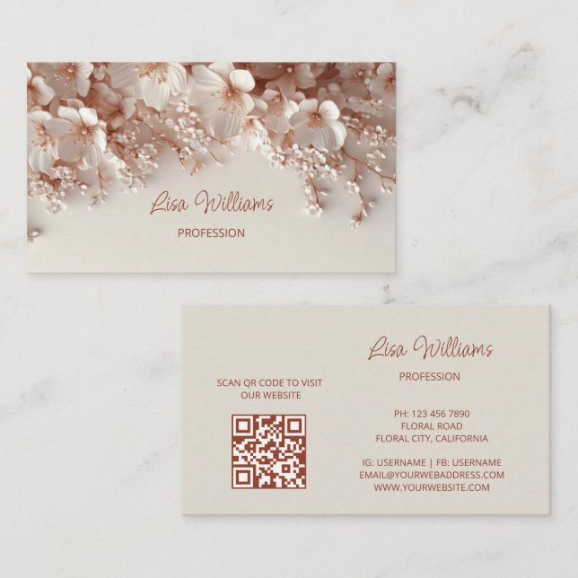 Carte De Visite Fleurs 3D Blush Blanc (Devant / Derrière)