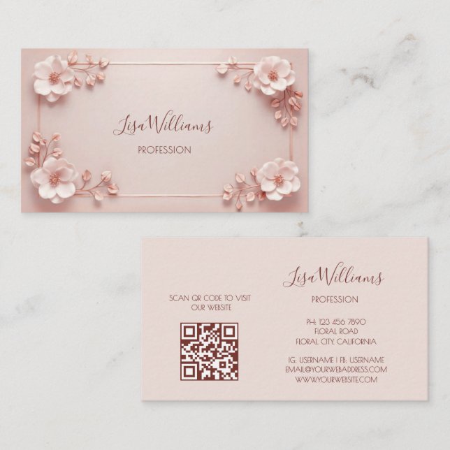 Carte De Visite Fleurs 3D Rose Pâle (Devant / Derrière)