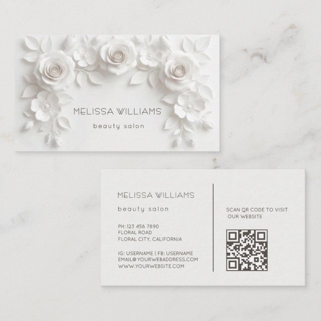 Carte De Visite Fleurs 3D sculpturales blanches (Devant / Derrière)