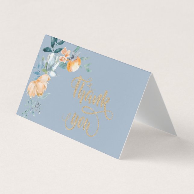 Carte De Visite Fleurs à l'aquarelle Bleu Poussiéreux Merci (Devant)