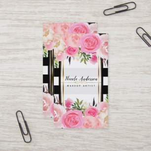 Carte De Visite Fleurs à l'aquarelle rose rayures noires et blanch