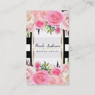 Carte De Visite Fleurs Aquarelle Rose Bandes Noir Et Blanc Élégant