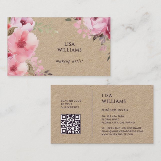 Carte De Visite Fleurs aquarelle rose Kraft (Devant / Derrière)