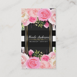 Carte De Visite Fleurs Aquarelle Rose Rayures Noir Blanc Élégant
