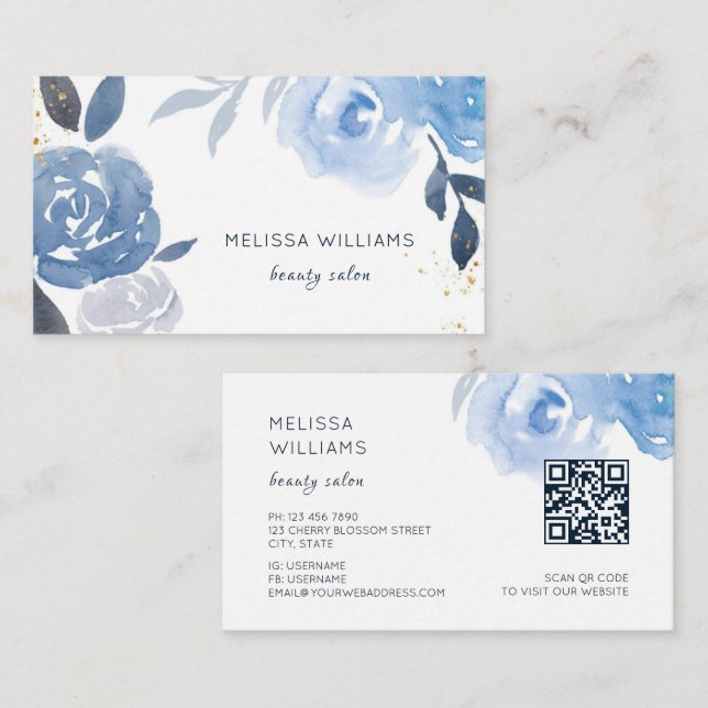 Carte De Visite Fleurs aquarelles bleu or (Devant / Derrière)