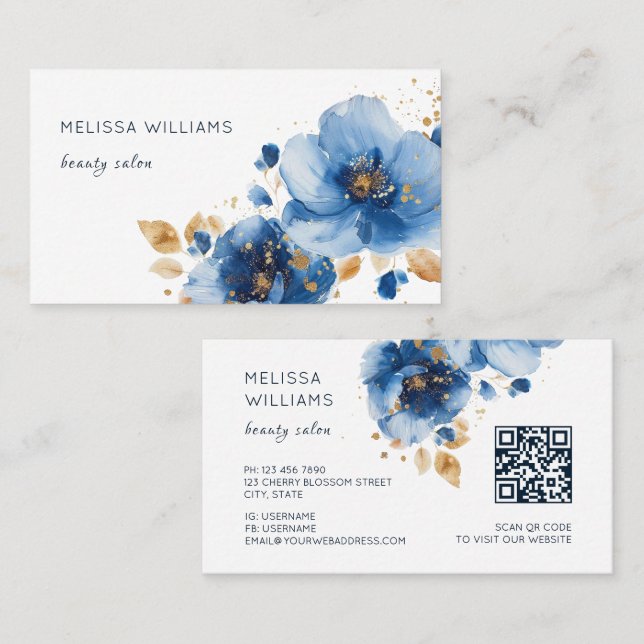 Carte De Visite Fleurs aquarelles bleu or (Devant / Derrière)