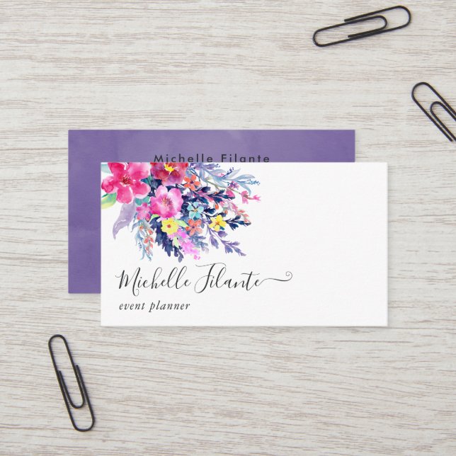 Carte De Visite Fleurs aquarelles colorées (Devant/Arrière en situation)