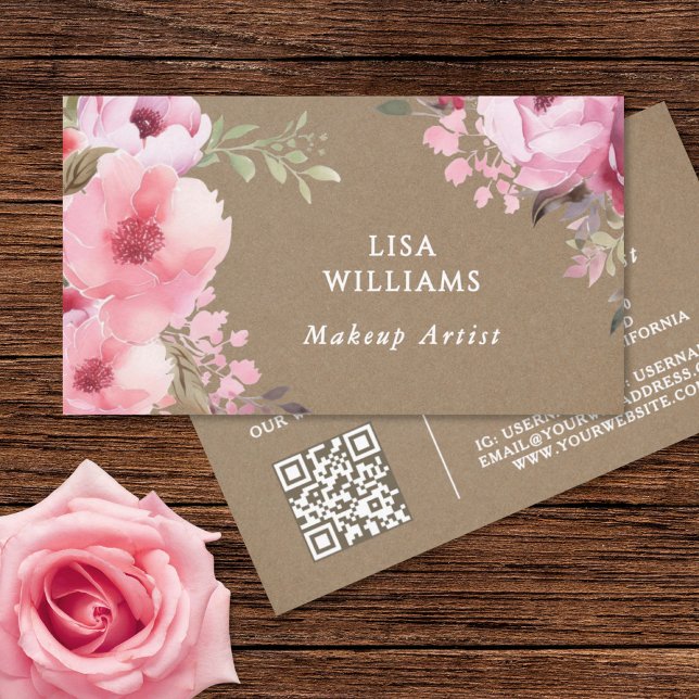 Carte De Visite Fleurs aquarelles roses Maquilleuse rustique (Créateur téléchargé)