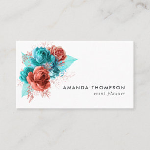 Carte De Visite Fleurs aquarelles turquoise et corail