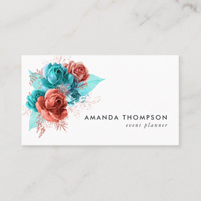 Carte De Visite Fleurs aquarelles turquoise et corail (Devant)