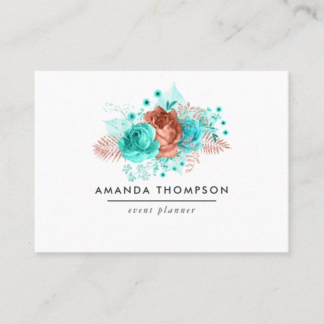 Carte De Visite Fleurs aquarelles turquoise et corail (Devant)