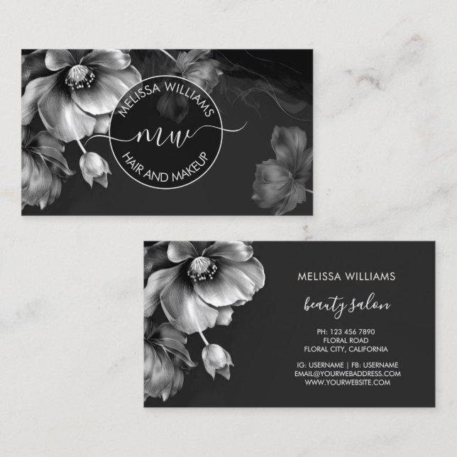 Carte De Visite Fleurs Argent Logo Noir (Devant / Derrière)