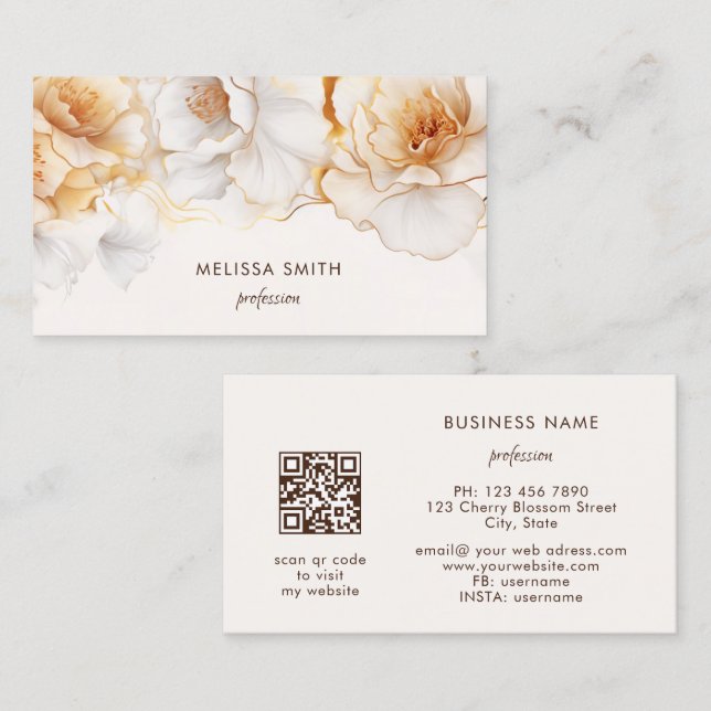 Carte De Visite Fleurs blanches à l'aquarelle or (Devant / Derrière)