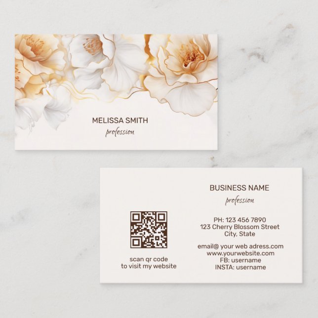 Carte De Visite Fleurs blanches à l'aquarelle or (Devant / Derrière)