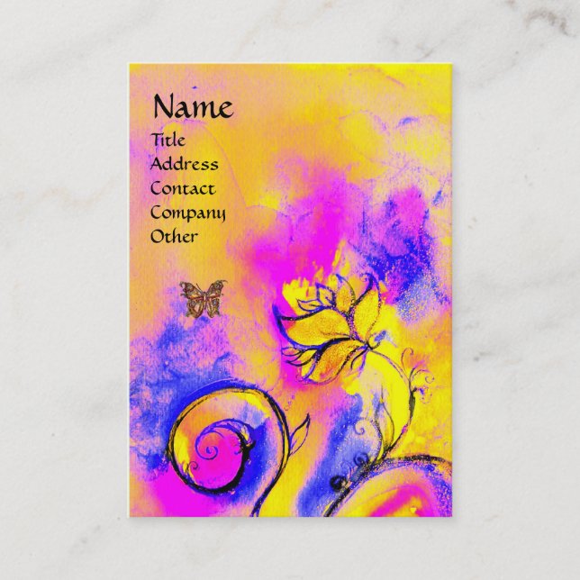 Carte De Visite FLEURS BLANCHES & BUTTERFLY rose violet jaune (Devant)