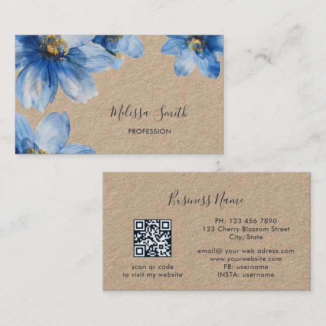 Carte De Visite Fleurs Bleu Or Rustique (Devant / Derrière)