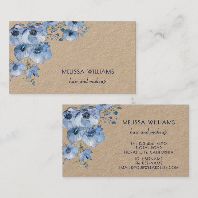 Carte De Visite Fleurs bleues à l'aquarelle  (Devant / Derrière)