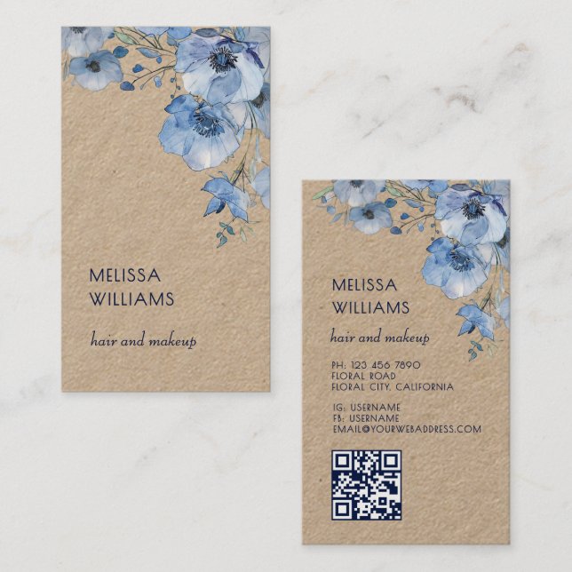 Carte De Visite Fleurs Bleues Aquarelle | Code Qr Rustique (Devant / Derrière)