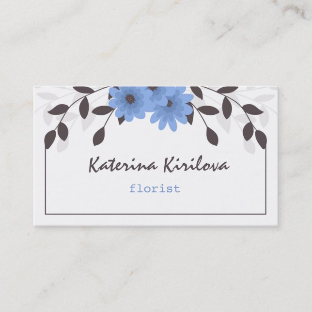 Carte De Visite Fleurs bleues avec feuilles (Devant)