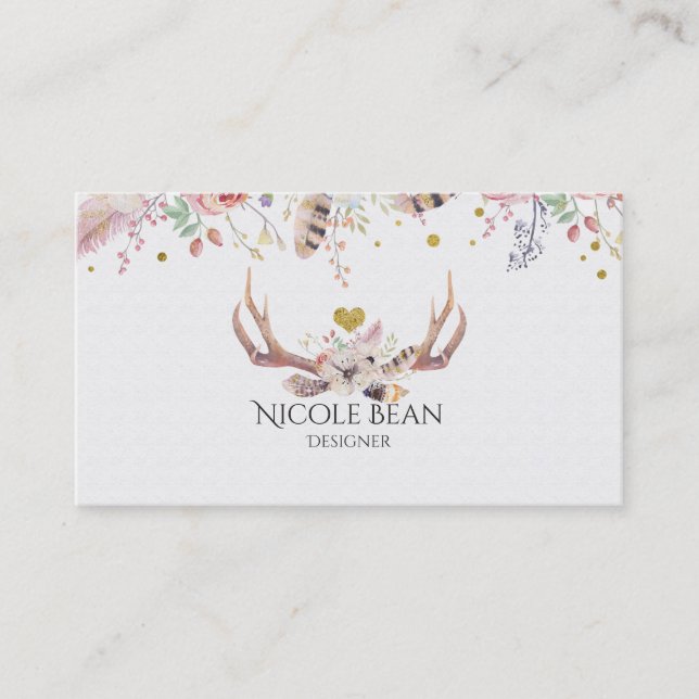Carte De Visite Fleurs & Bois de Cerf Boho Chic Glam (Devant)