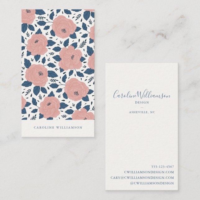 Carte De Visite Fleurs botaniques modernes boho rose bleu marine  (Devant / Derrière)