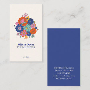 Carte De Visite Fleurs Colorées Rétro Floral Fleuriste Bleu