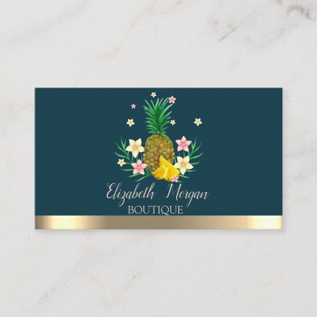 Carte De Visite Fleurs d'ananas rayées d'or élégantes professionne (Devant)