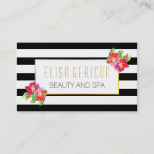 Carte De Visite Fleurs d'aquarelle noir et blanc rayures florales