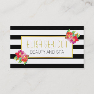 Carte De Visite Fleurs d'aquarelle noir et blanc rayures florales