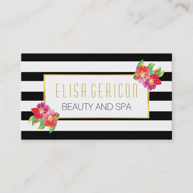 Carte De Visite Fleurs d'aquarelle noir et blanc rayures florales (Devant)