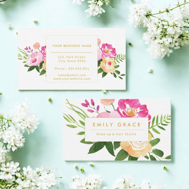 Carte De Visite Fleurs d'aquarelle rose jaune vert (Créateur téléchargé)