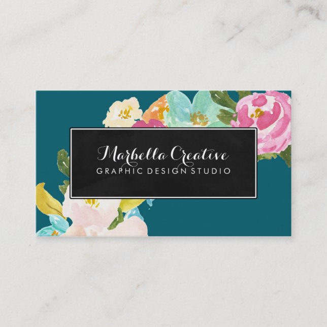 Carte De Visite Fleurs d'aquarelle sur la turquoise avec le (Devant)