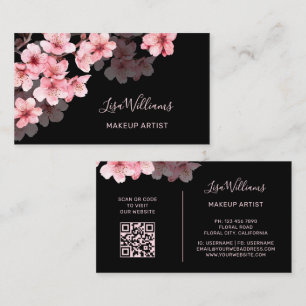 Carte De Visite Fleurs de cerisier à l'aquarelle rose sur fond noi