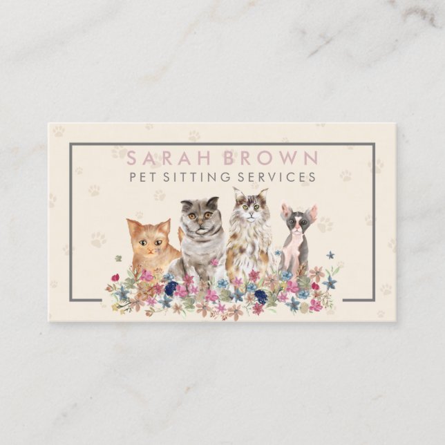 Carte De Visite Fleurs de chats roses ivoire Groomer pour animaux (Devant)