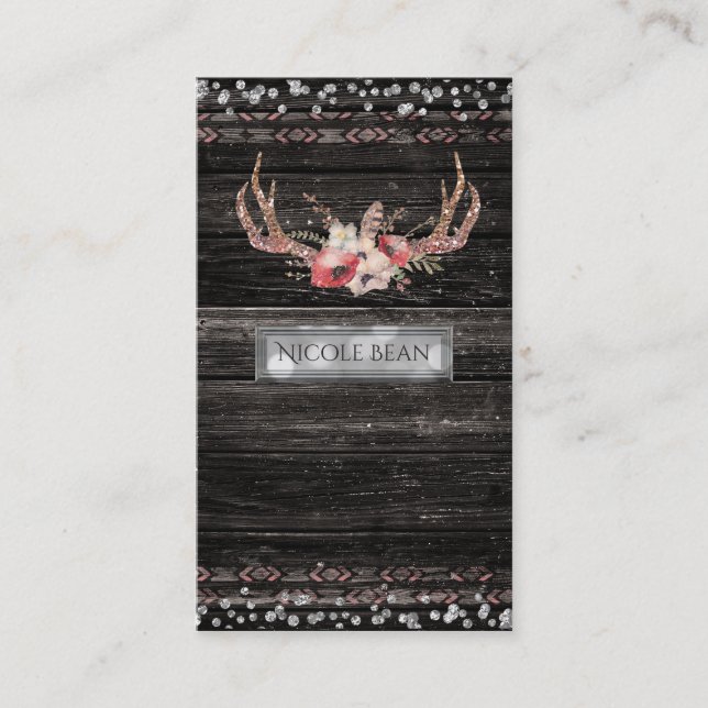 Carte De Visite Fleurs de Glam de Campagne Rustique & Bois de Cerf (Devant)