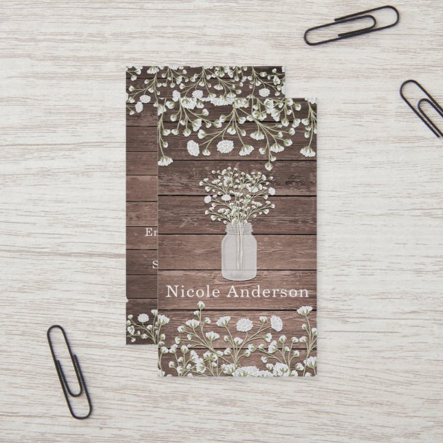 Carte De Visite Fleurs de Gypsophile Bois Rustique Campagne Chic (Devant/Arrière en situation)