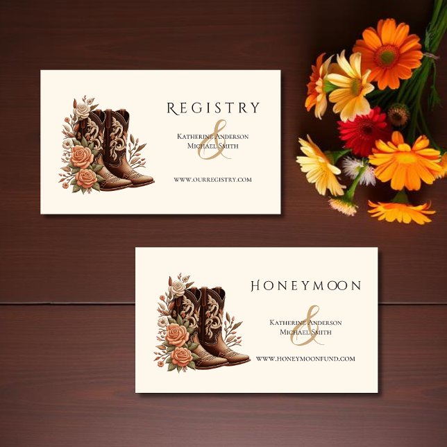 Carte De Visite Fleurs de l'Ouest du pays avec bottes de cowboy (Country Western Flowers with Cowboy Boots-Wedding Enclosure Cards-Registry and Honeymoon Fund)