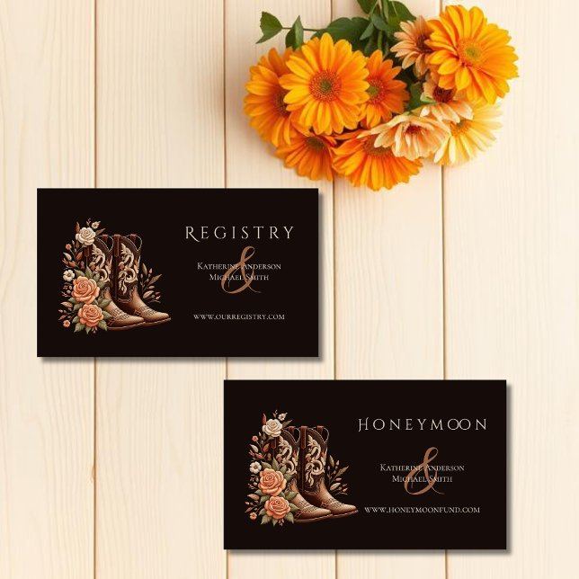 Carte De Visite Fleurs de l'Ouest du pays avec bottes de cowboy (Modern Elegant Country Western- Flowers with Cowboy Boots-Wedding Enclosure Cards-Registry and Honey)