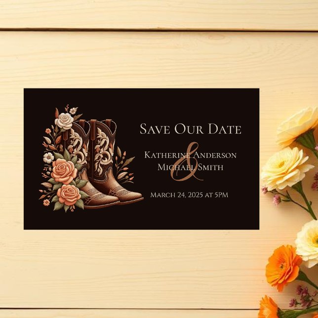 Carte De Visite Fleurs de l'Ouest du pays avec bottes de cowboy (Country Western Flowers with Cowboy Boots-Wedding Save the Date Cards)