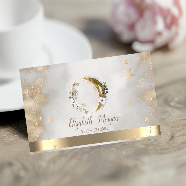 Carte De Visite Fleurs de Lune Étoiles Dorées Studio de Yoga (Créateur téléchargé)