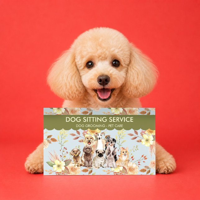 Carte De Visite Fleurs de printemps bleu vert Aquarelle Chiens (Créateur téléchargé)