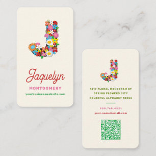 Carte De Visite Fleurs de printemps pastel monogramme lettre J
