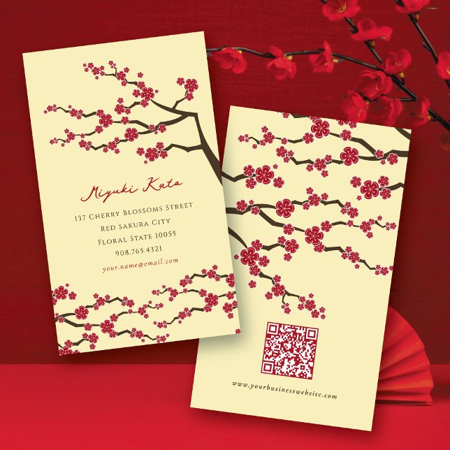 Carte De Visite Fleurs de Sakura Rouges Fleurs de Cerisier Chic Or (Red Sakura Spring Flowers Oriental Chic Asian Cherry Blossoms Business Card @ fatfatin)
