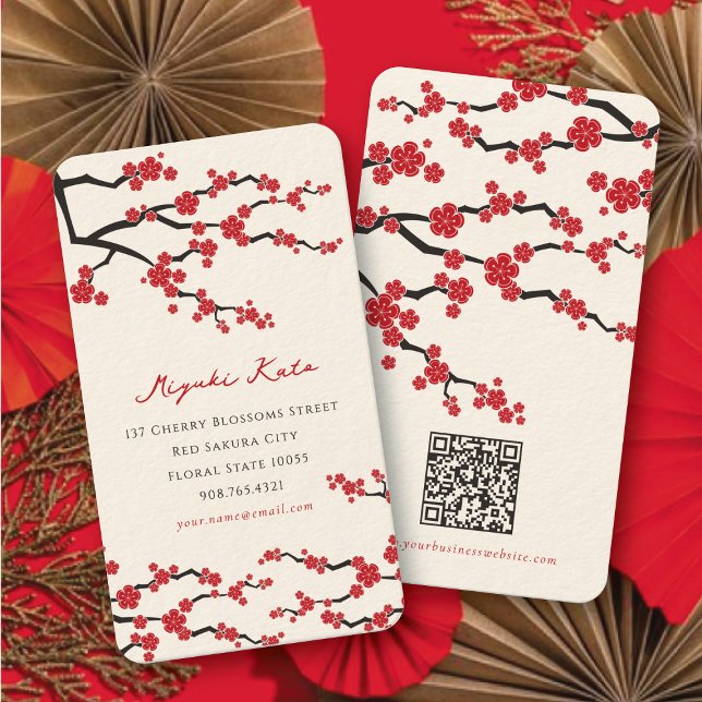 Carte De Visite Fleurs de Sakura Rouges Floraisons Modernes de Cer (Elegant Red Sakura Flowers Modern Oriental Chic Cherry Blossoms Business / Profile Card @ fatfatin)
