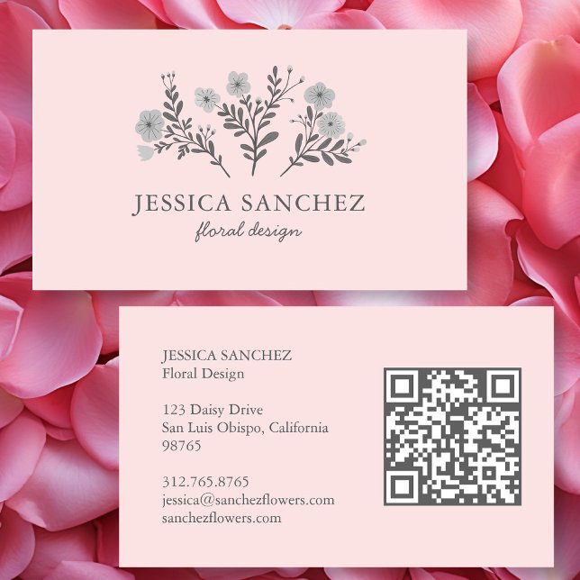 Carte De Visite Fleurs délicates Élégant Chic Moderne Minimal Code (Dainty Florals Elegant Chic Modern Minimal QR Code Florist Business Card
)